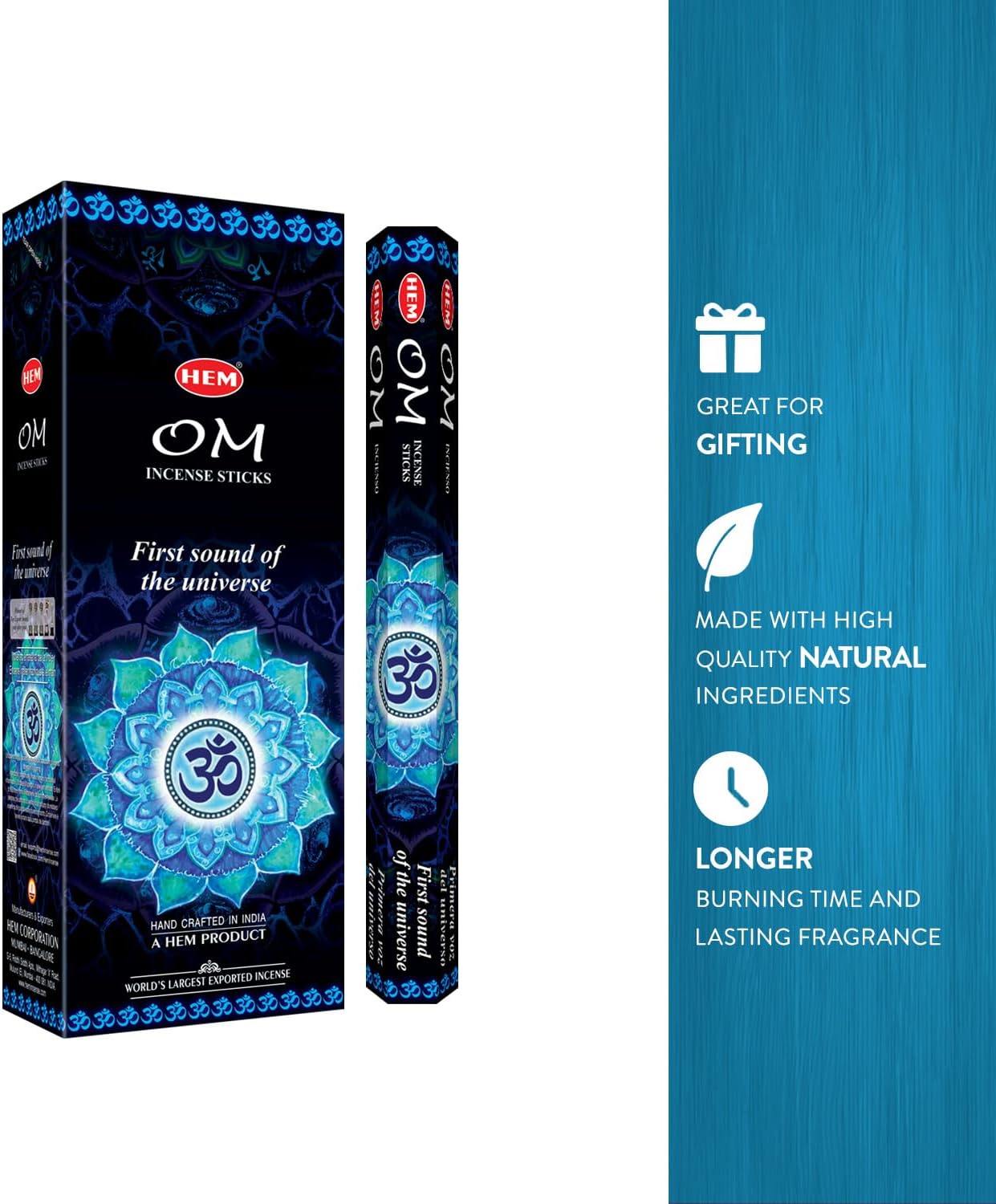 Hem OM Incense Sticks (120 Sticks, 6 Boxes Inside) - 9 Inches Long, 20g per Box - Perfect for Meditation, Rituals & Cleansing.