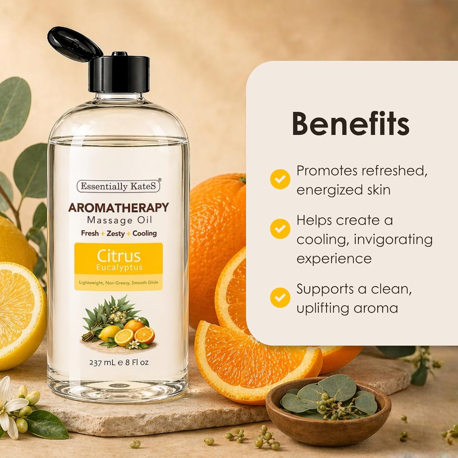 Aromatherapy Massage Oil – Citrus & Eucalyptus – Lightweight, Non-Greasy Body Oil with Fractionated Coconut Oil – Refreshing, Uplifting – 8 fl oz