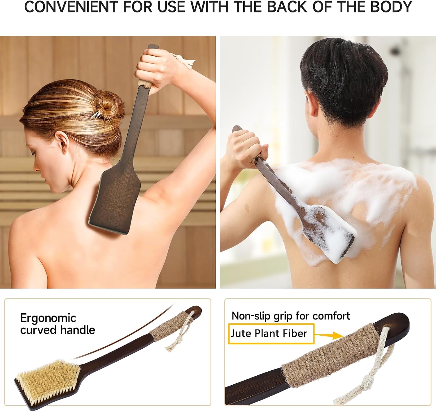 Back Scrubber Shower Brush,Dry Brushing Body Brush with 17.7 Inch Curved Long Handle, Natural Bristles for Lymphatic Drainage, Soft & Stiff Bristles Available (Natural Fiber, Medium)
