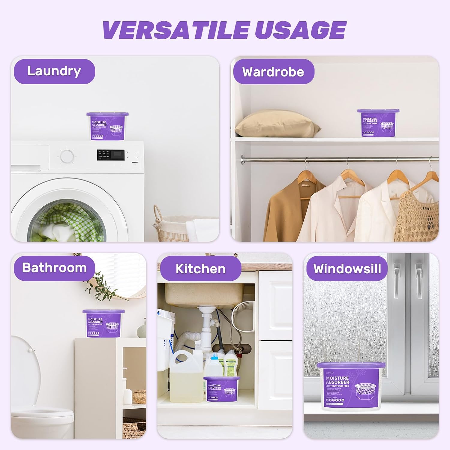 CLEVAST Moisture Absorber Boxes 6 Pack, 12 Oz Dehumidifier for Closet & Bathroom, Humidity Absorber for Wardrobe, Bedroom, RV & Car, Moisture Control, Lavender Scented