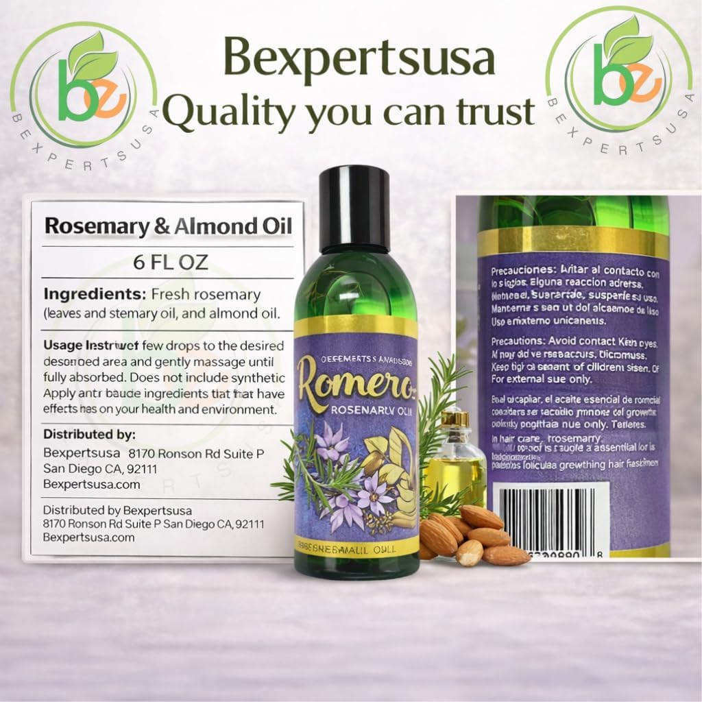 Rosemary(Romero)Essential w/Almond Oil – 6 fl oz –100% Pure & Natural,Cosmetic Hair & Body,Supports Healthy-Looking Hair,Shine & Manageability – For Hair, Skin, Massage & Aromatherapy – By BexpertsUSA