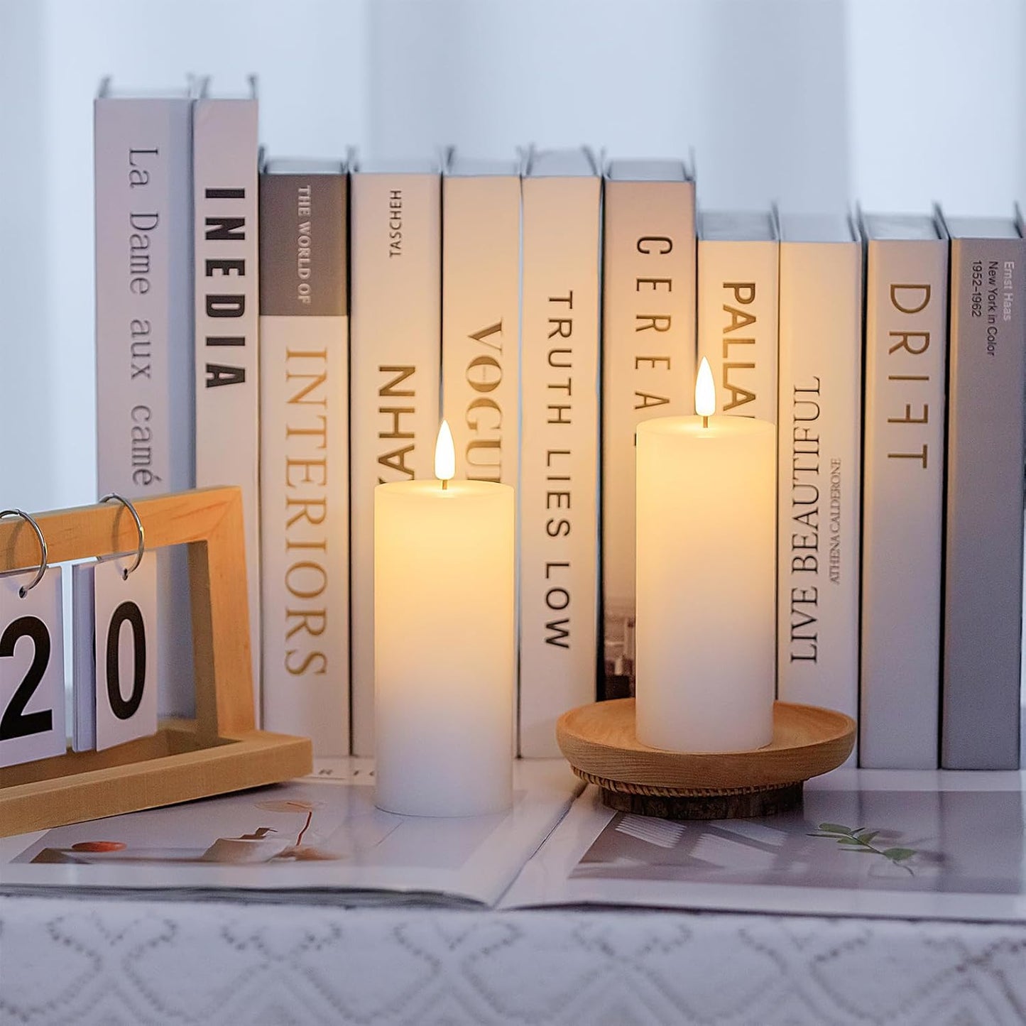 volnyus White Flameless Candles Set of 2 (2.2x5 Inch) Flickering LED Wax Candles Battery Operated with Remote Control Timers for Fireplace Bedroom Livingroom Party Dimmable Pillars Flat top