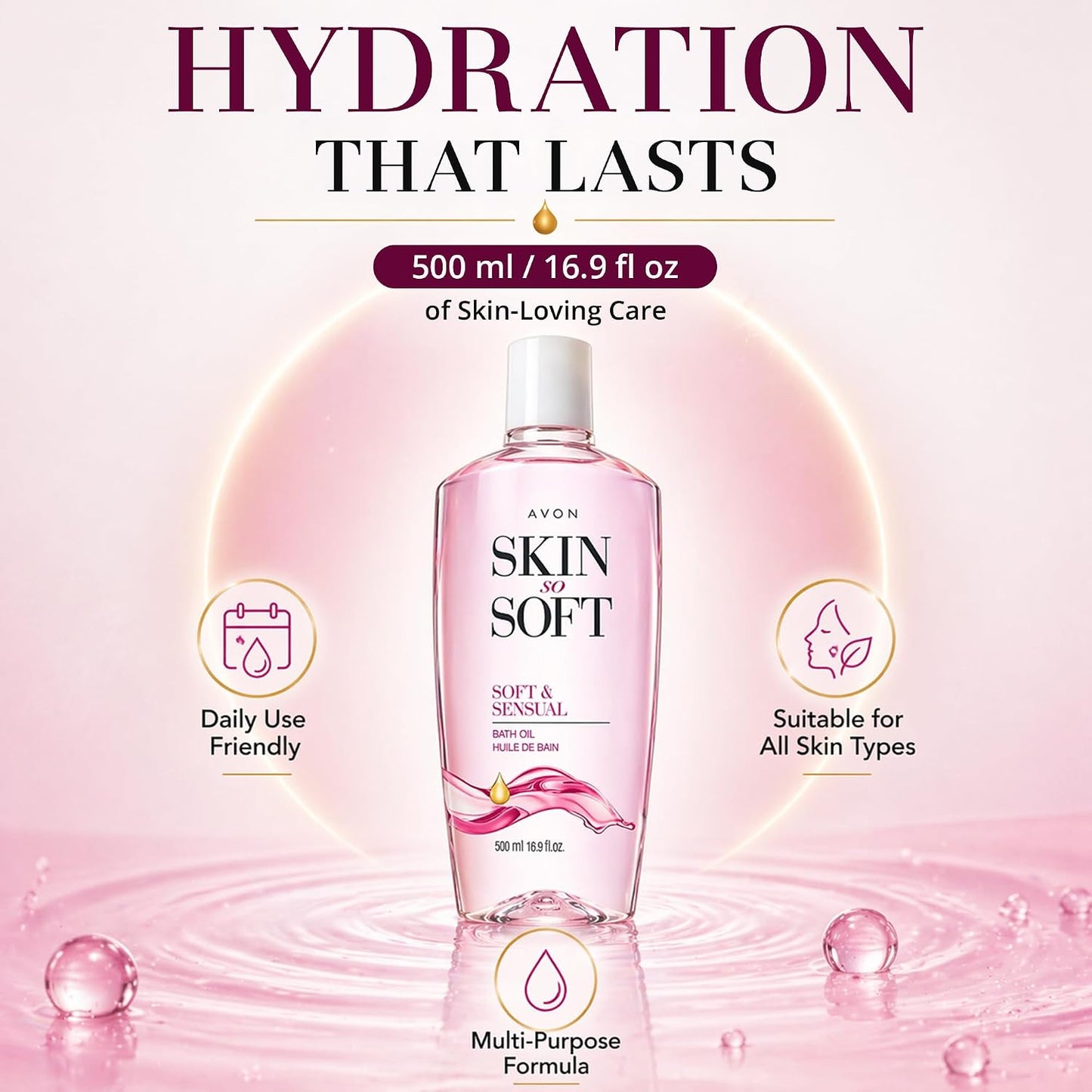 AVON Skin So Soft Soft & Sensual Bath Oil with Argan— Moisturizing Shower Oil for Dry Skin — Hydrating in & After-Shower Care for Women & Men —Non Greasy, Scented Bath and Body Essential, 16.9 fl oz