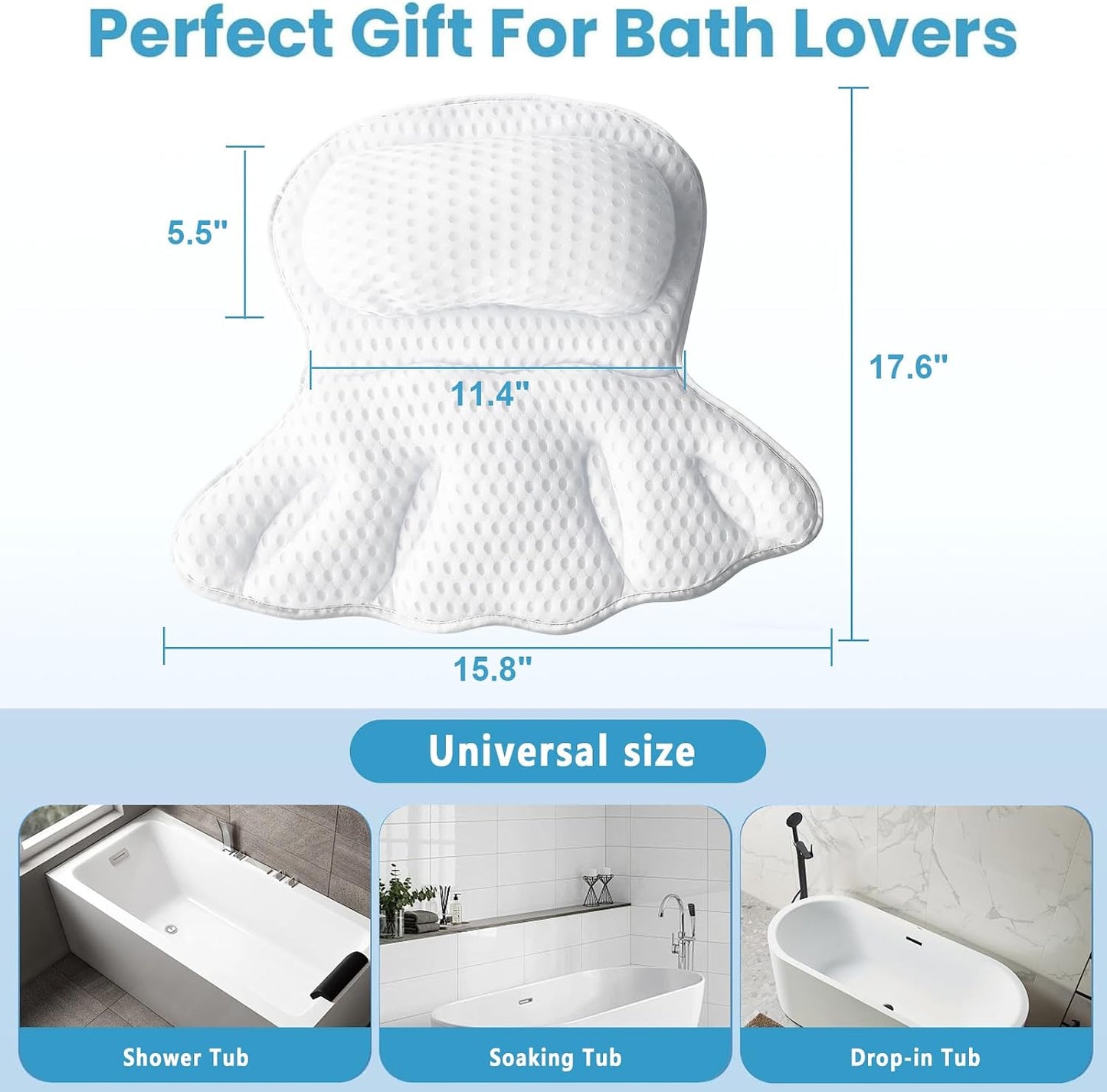 Luxury Bathtub Pillow, 4D Air Mesh Soft Bath Pillows for Tub, Ergonomic Neck & Back Support, Non-Slip Suction Cups Head Neck Support Hot Tub Pillow, Spa Bath Accessories Gift for Women White