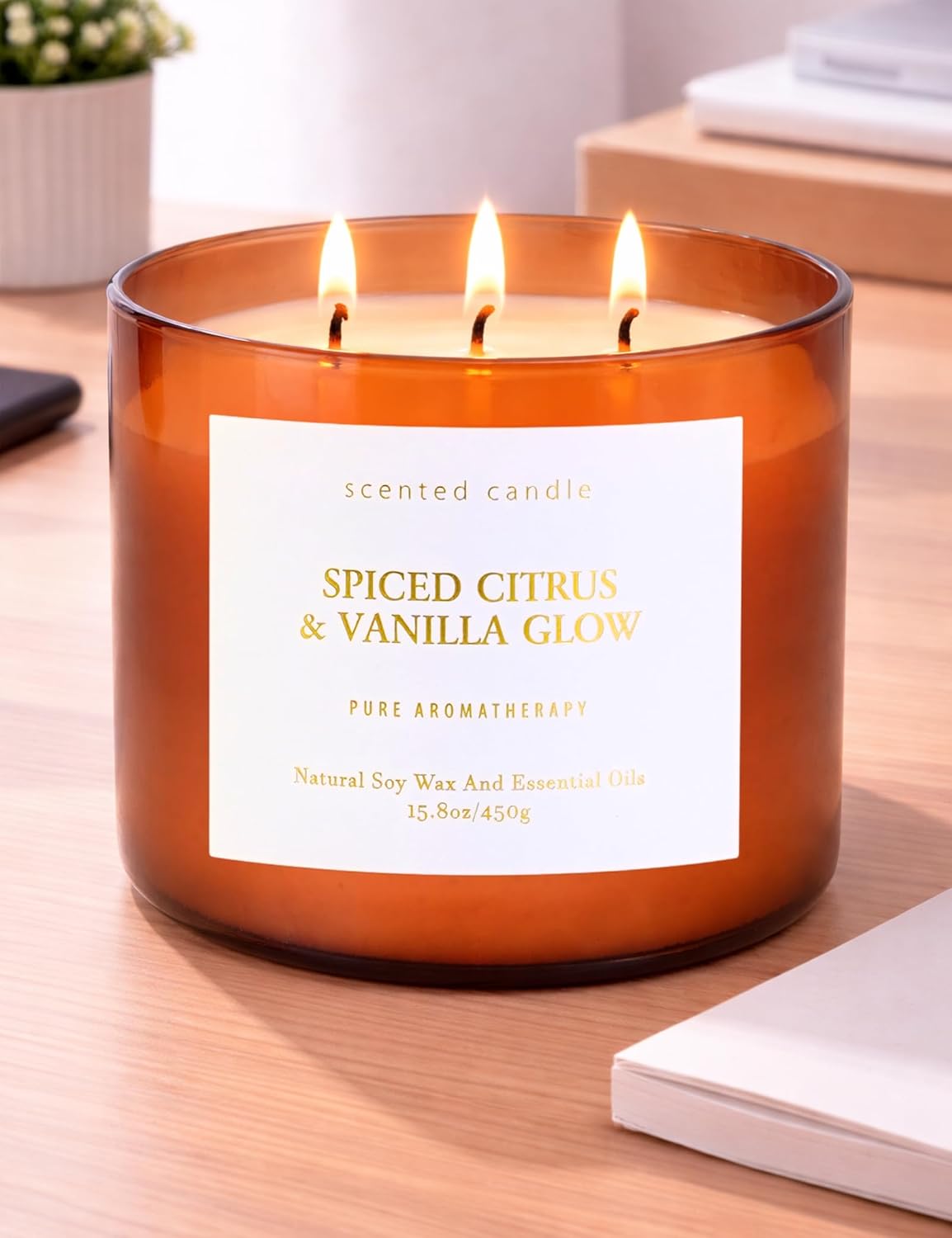 Spiced Citrus & Vanilla Glow Scented Candle | 3-Wick Large Soy Candle 15.8 oz | Highly Scented Cinnamon Aromatherapy Candle for Women & Men | Warm Cozy Home Scent | Clean Burn Long Lasting