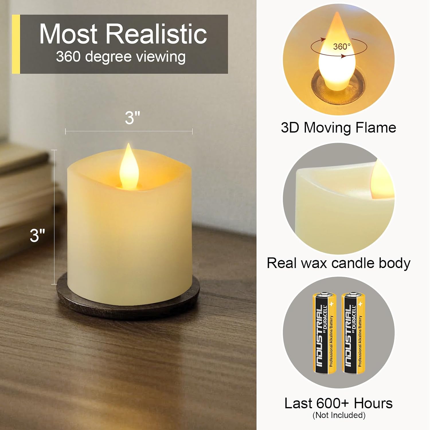 3x3 Flameless Candles with Remote Set of 1, 3 inch Battery Candles Flickering with Timer, LED Pillar Candle for Indoor/Outdoor, Lvory White