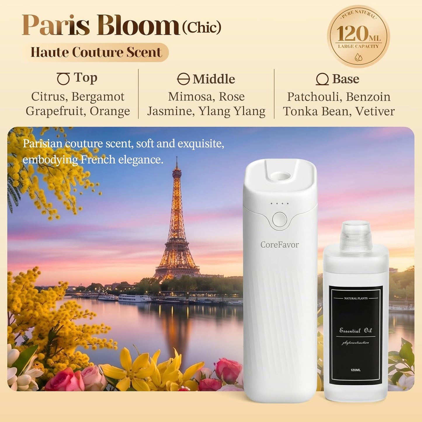 Waterless Essential Oil Diffuser (M60) with 120ml Oil, Portable Battery-Operated Cold Air Aroma Scent Machine, 4 Adjustable Intensity Levels, Quiet Diffuser for Bedroom Office Bathroom Car