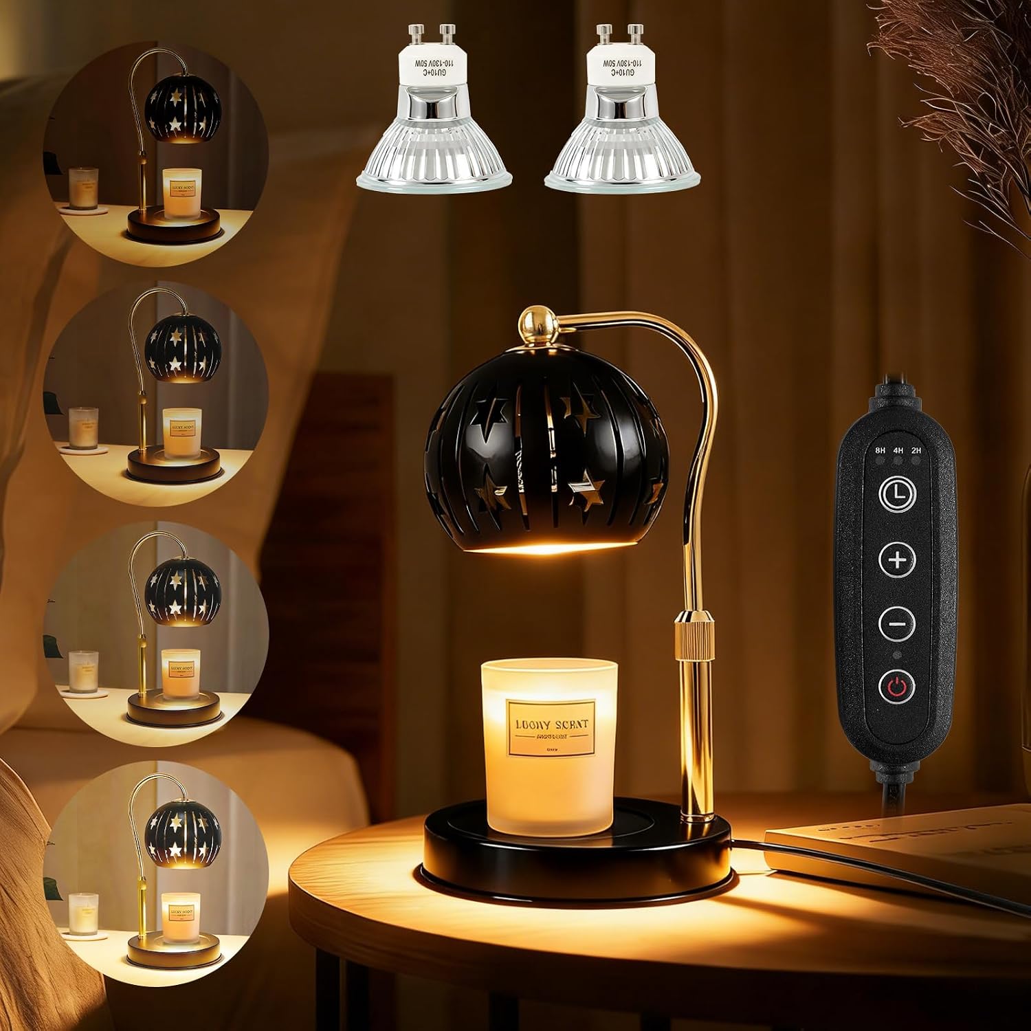 Electric Candle Warmer Lamp with Timer & Dimmer for Bedroom（Candle Not Included, Height Adjustable Candle Warmer with 2 Bulbs, Compatible with Many Sizes Candles, Warming Home Decor Gifts (Star)