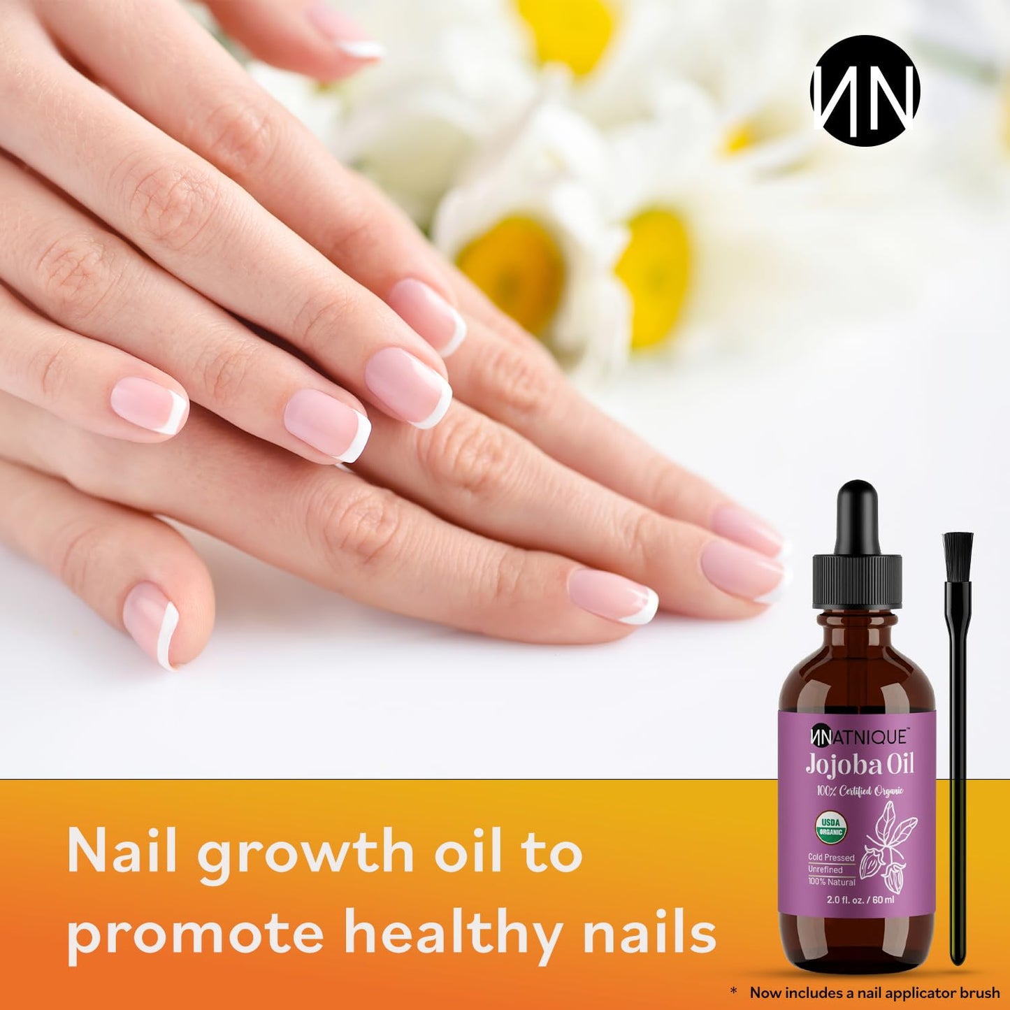 Natnique Organic Jojoba Oil – Brush Included – USDA Certified, Cold Pressed, Unrefined & Hexane-Free – Pure Moisturizer for Hair, Face, Skin, Beard, Scalp, Nails & Cuticles – Natural Care (2 oz)