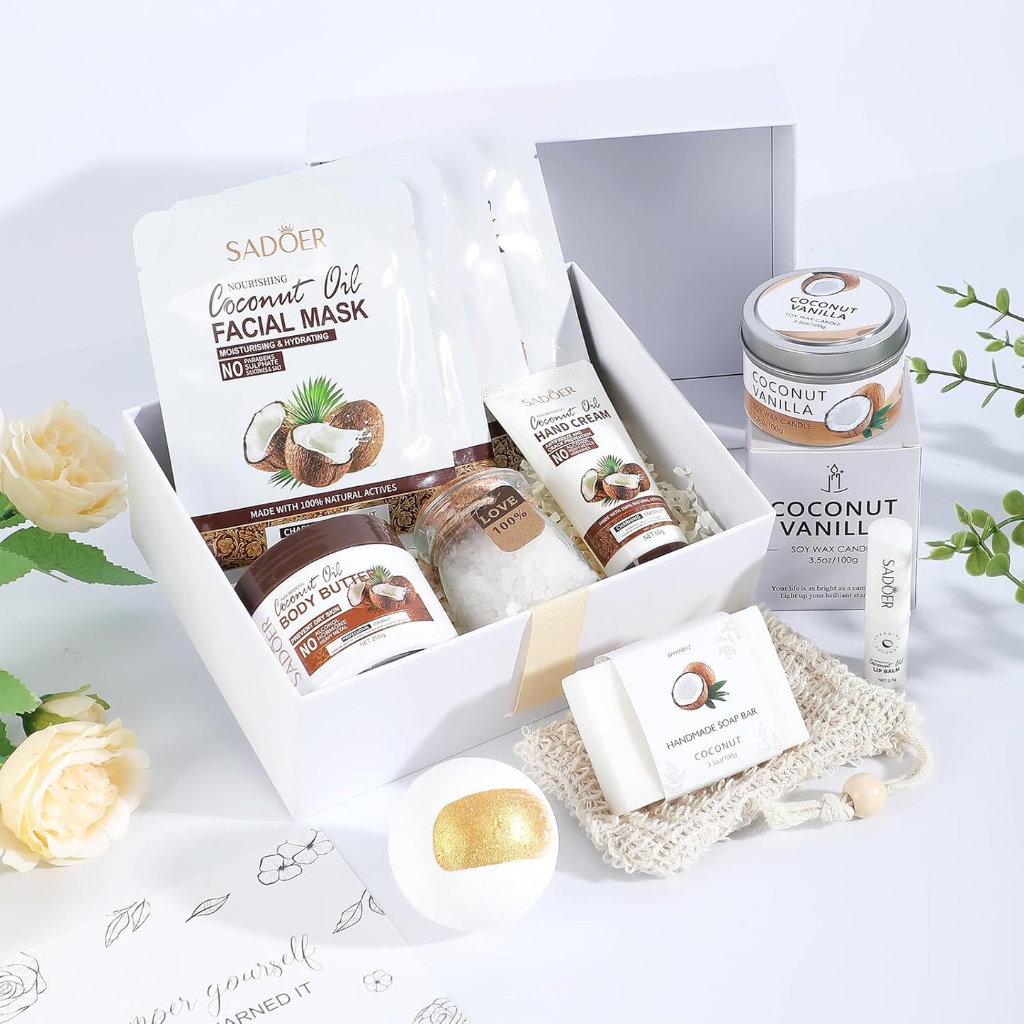 Coconut Spa Gifts for Women Birthday Self Care Kit Mothers Gifts Basket Thank You Relaxing Bath Sets for Moms Friends Co-worker Daughter Girlfriend Grandma Sister Teacher Daughter-in-Law