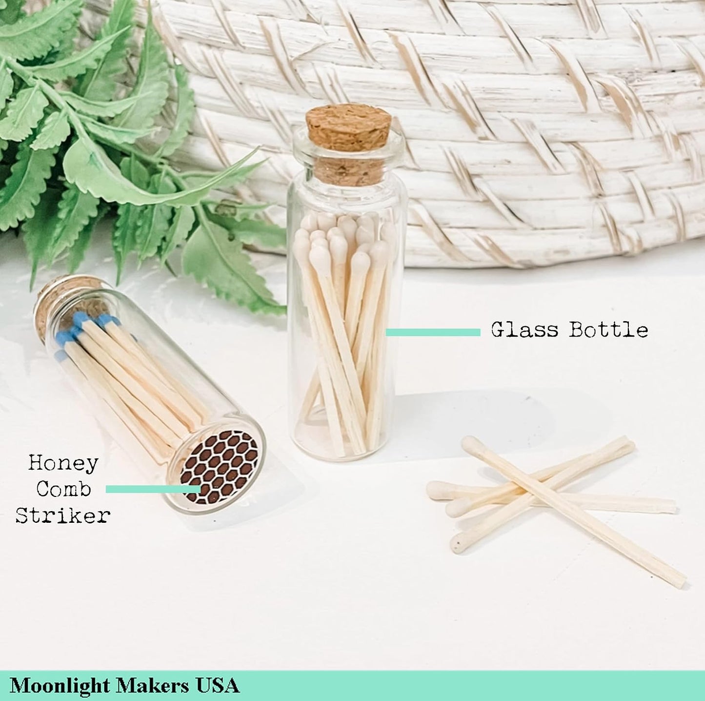 Set of 2 Small Premium Wooden Safety Matches in Glass Vial with Striker - 40 Wooden Matches, 1.9" Tall, Decorative Matches, Matches in a jar with Striker, Candle Accessories - Black (MV20x2)