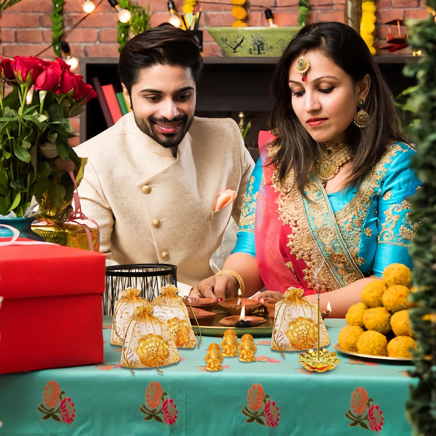 120 Pack Diwali Gifts Bulk with 30 Lotus Incense Holders, 30 Mini Golden Ganesha Ornaments, Organza Bags & Thank You Cards – Indian Return Gifts for Pooja, Festivals & Celebrations (Golden Set) (30)