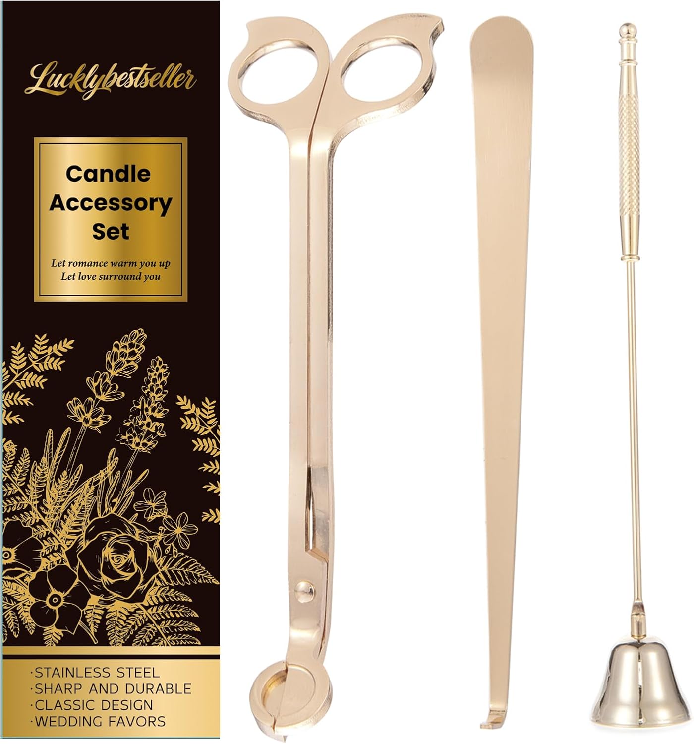 3 in 1 Candle Accessory Set,Large Candle Wick Trimmer Snuffer Extinguisher Dipper with Long Handle,Polished Stainless Steel Candle Wick Scissor Cutter Clipper Kit (Golden)