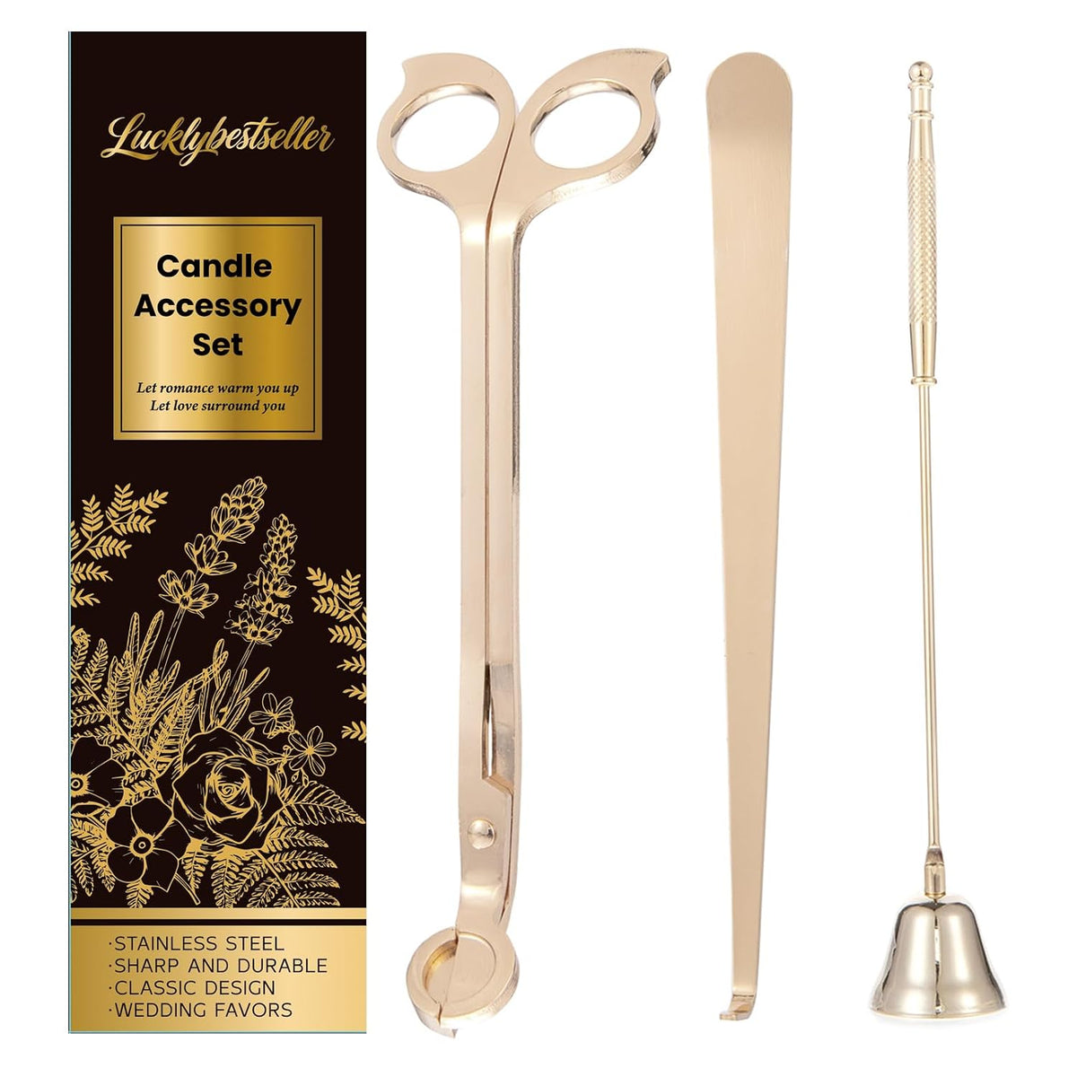3 in 1 Candle Accessory Set,Large Candle Wick Trimmer Snuffer Extinguisher Dipper with Long Handle,Polished Stainless Steel