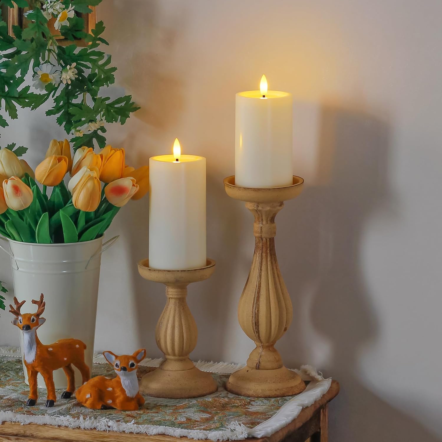 Yeelida Outdoor 4pcs Flameless Waterproof Candles with Handy Remote Control, Cycle Timer Battery Operated Candle Grease Effect LED Flickering Pillar Plastic Long Lasting (Ivory, 3" x4" 5" 6" 7")