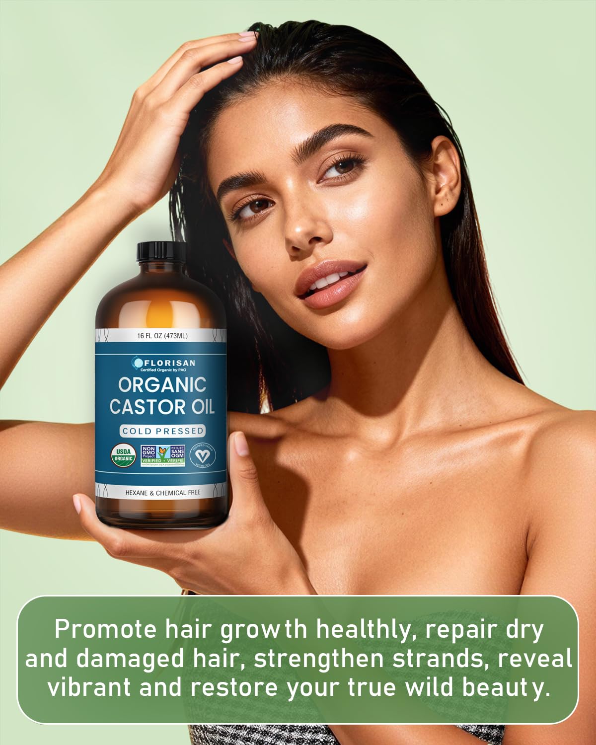 Florisan USDA Certified Organic Castor Oil 16oz Glass Bottle, Cold Pressed, Hexane-Free, Non-GMO, Vegan, 100% Pure Castor Oil for Hair Growth, Skin, Lashes, Eyebrows, EWG Verified
