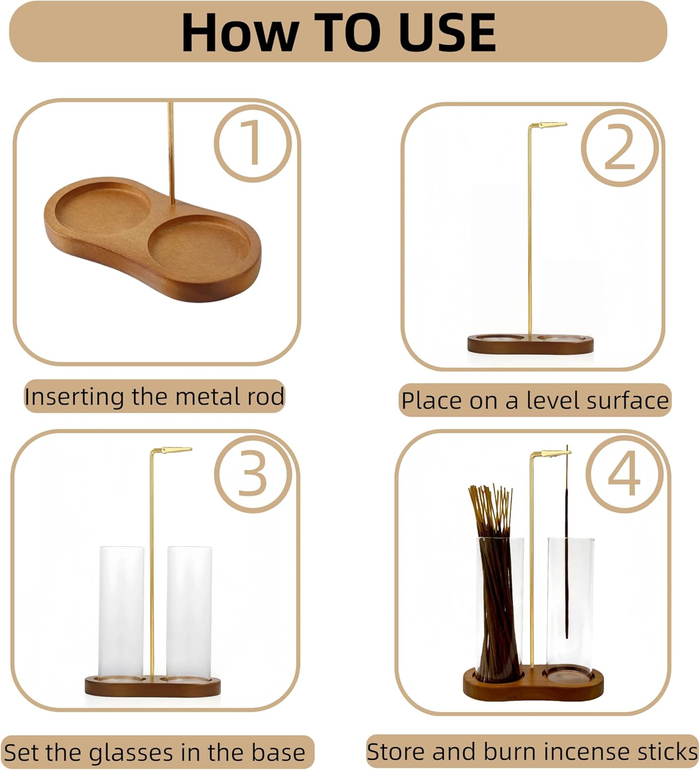 Incense Holder, Hang Upside Down Incense Sticks Burner Holder Storage with Glass Ash Catcher,Ideal Gift (Brown)