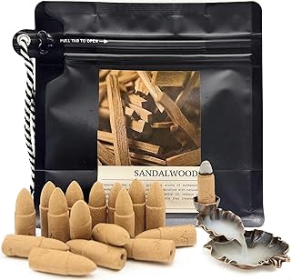 Sandalwood Backflow Incense Cones - 50 Large Waterfall Back Flow Cones Scented - Includes 1 backflow Incense Burner