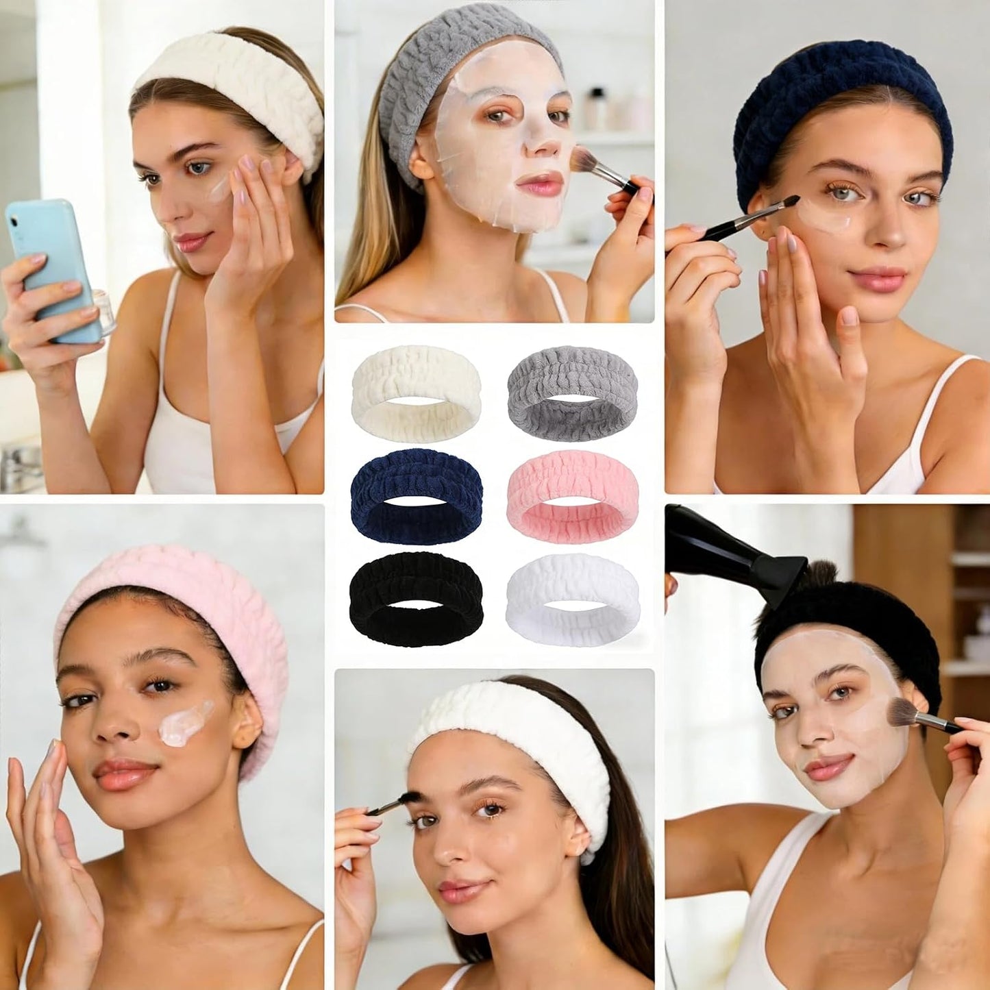 hexiaoxiao 6 Pack Microfiber Spa Headband Elastic Skin-Friendly No Slip Hairband for Women Face Wash Skincare Yoga Makeup Daily Use (White/Black/Pink/Navy/Gray/Milk White)