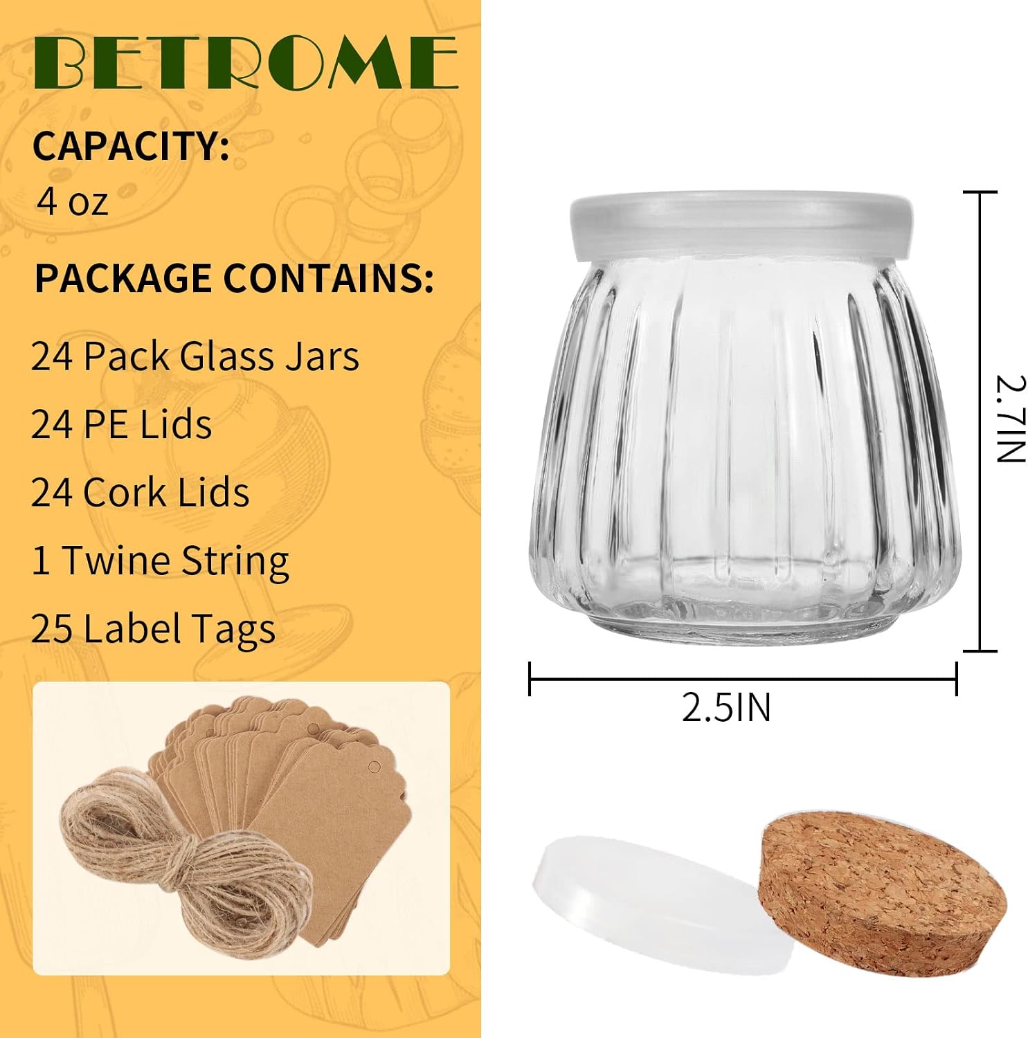 4oz Glass Jars with PE Lids and Cork Lids, 24 Pack Mini Pudding Jars Yogurt Jars Containers for Spice, Jam, honey, Mousse, Wedding, Shower Favors, DIY and Art