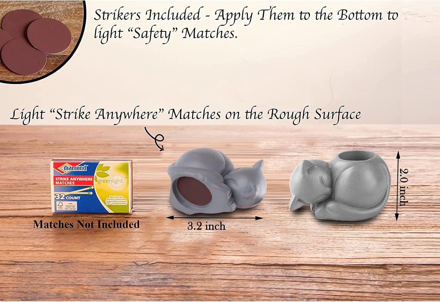 Dgudgu Cat Match Holder With Striker - Gifts for Cat Lovers, Candle Jar, Cute Bathroom Matches Holder Decorative (Not Matches)