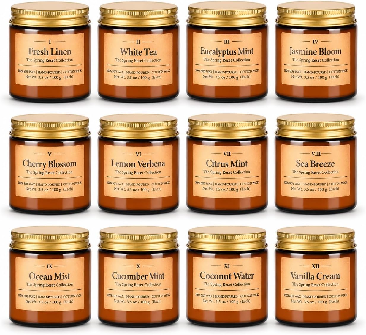 12 Pack Summer Scented Candles, 3.5 oz Amber Glass Jar Soy Candle Set, 8% Essential Oil Blend, Gifts for Women Birthday Housewarming