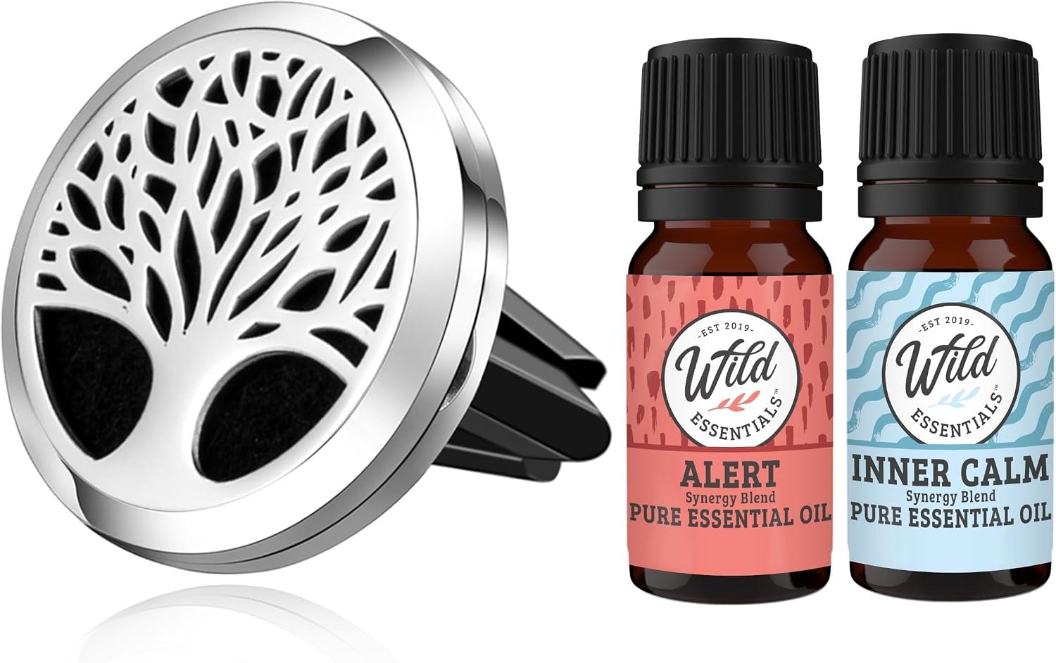 Wild Essentials Tree of Life Car Vent Diffuser Kit – 316L Stainless Steel Locket, Rubber-Coated 4-Way Clip, 8 Color Pads (22mm), 25mm – Includes Alert & Inner Calm (2 x 10ml)
