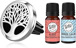 Wild Essentials Tree of Life Car Vent Diffuser Kit – 316L Stainless Steel Locket, Rubber-Coated 4-Way Clip, 8 Color Pads (22mm), 25mm – Includes Alert & Inner Calm (2 x 10ml)
