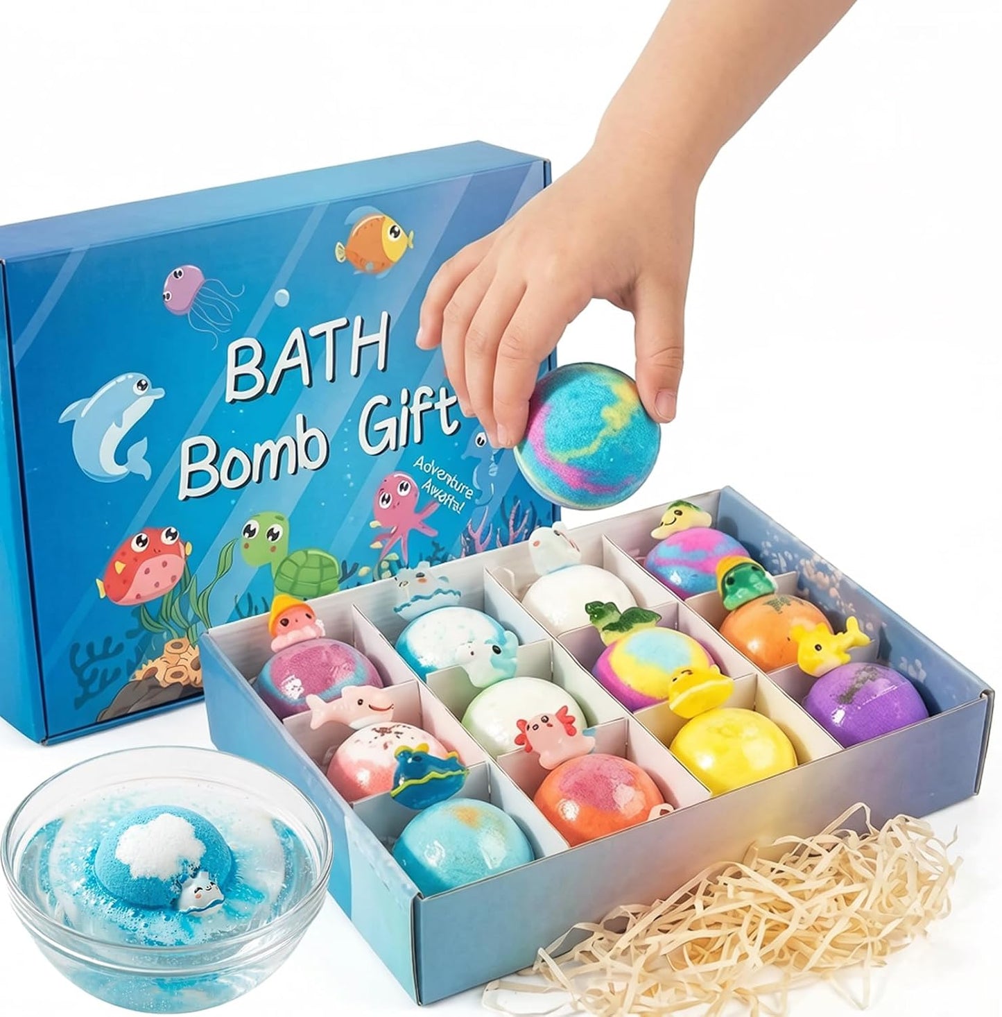 Kids Bath Bombs with Toys Inside, 12PCS Ocean Surprise Series Fizzy Bath Balls, Natural Vegan Essential Oils, Skin Moisturizing Spa Gift Set for Toddler Boys Girls Kids Children Baby