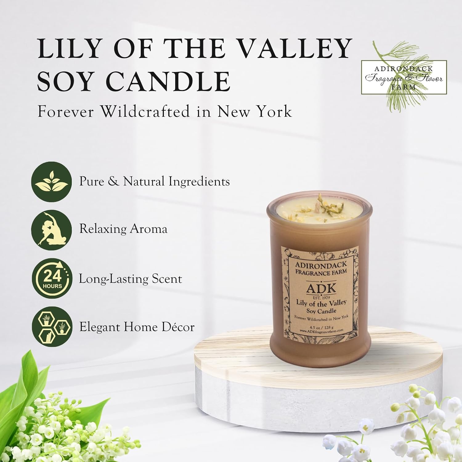 ADK Lily of The Valley Scented Candle, 4.5 Oz Aromatherapy Candle, Proudly Poured in The USA, Natural Wax for Relaxation and Home Décor, for Gift, Kitchen, and Living Spaces