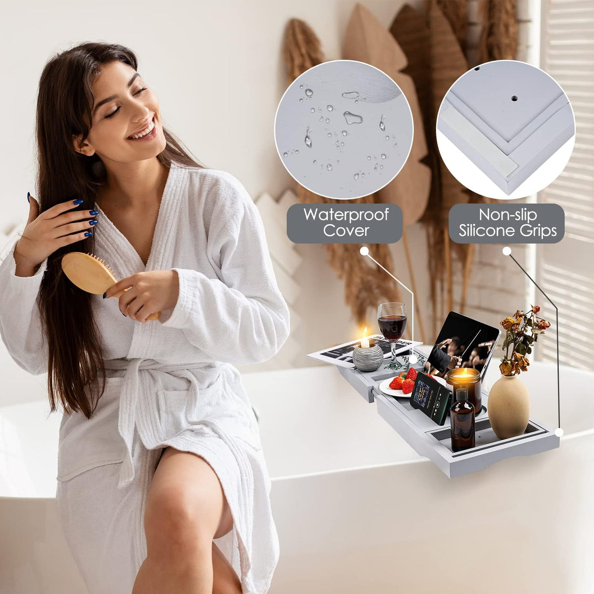 Foldable Bathtub Tray Caddy with Soap Dish Adjustable 29.5-43'' Grey