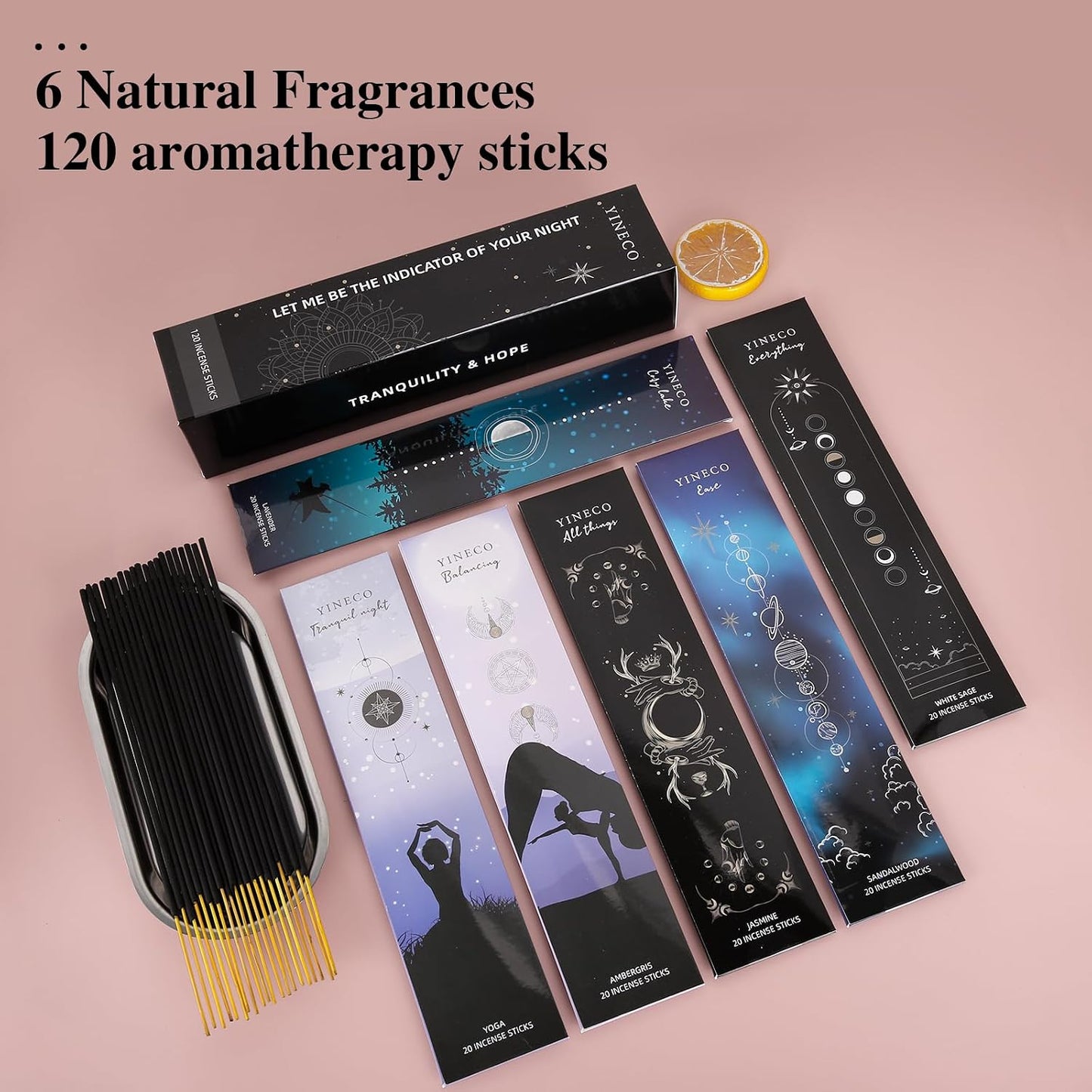 Incense Sticks Set of 120-6 Scents (White Sage, Sandalwood, Jasmine, Lavender, Dragon's Blood & Yoga) for Meditation, Relaxation & Positive Aura, Boho Gift Set, Magic Hour (Black)
