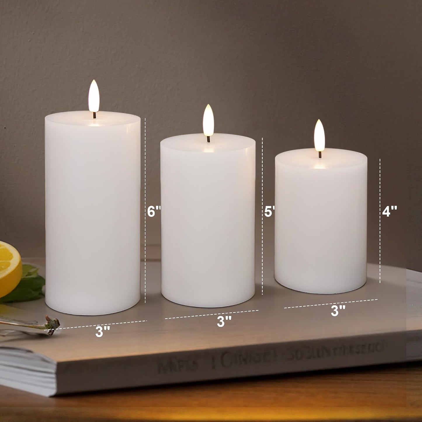 White Flameless Pillar Candles, Battery Operated Wax Candles with Remote, Flat Top Flickering Flameless Candles, LED Candle for Home, Wedding, Party Decor, Set of 3, Φ 3" H 4" 5" 6"