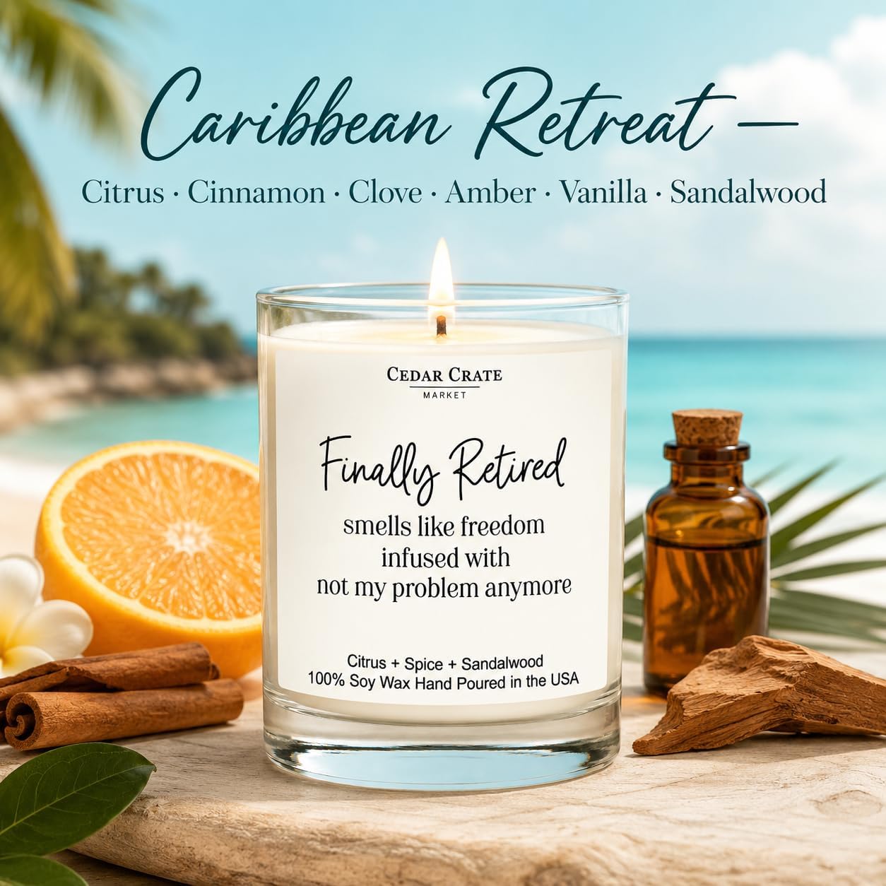 Cedar Crate Market - Retirement Gift for Woman, Men - Finally Retired Soy Wax Candle,Caribbean Retreat Scented, 60 Hours Burn, Eco-Friendly Glass Jar, Farewell Presents for Coworkers - Made in USA