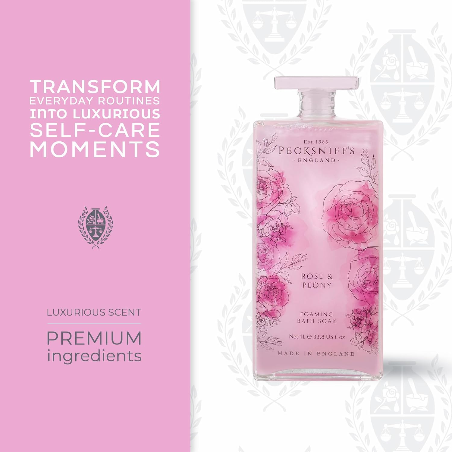 Pecksniff’s Rose & Peony Foaming Bath Soak – Luxury Bubble Bath, 1L / 33.8 fl oz, Made in England
