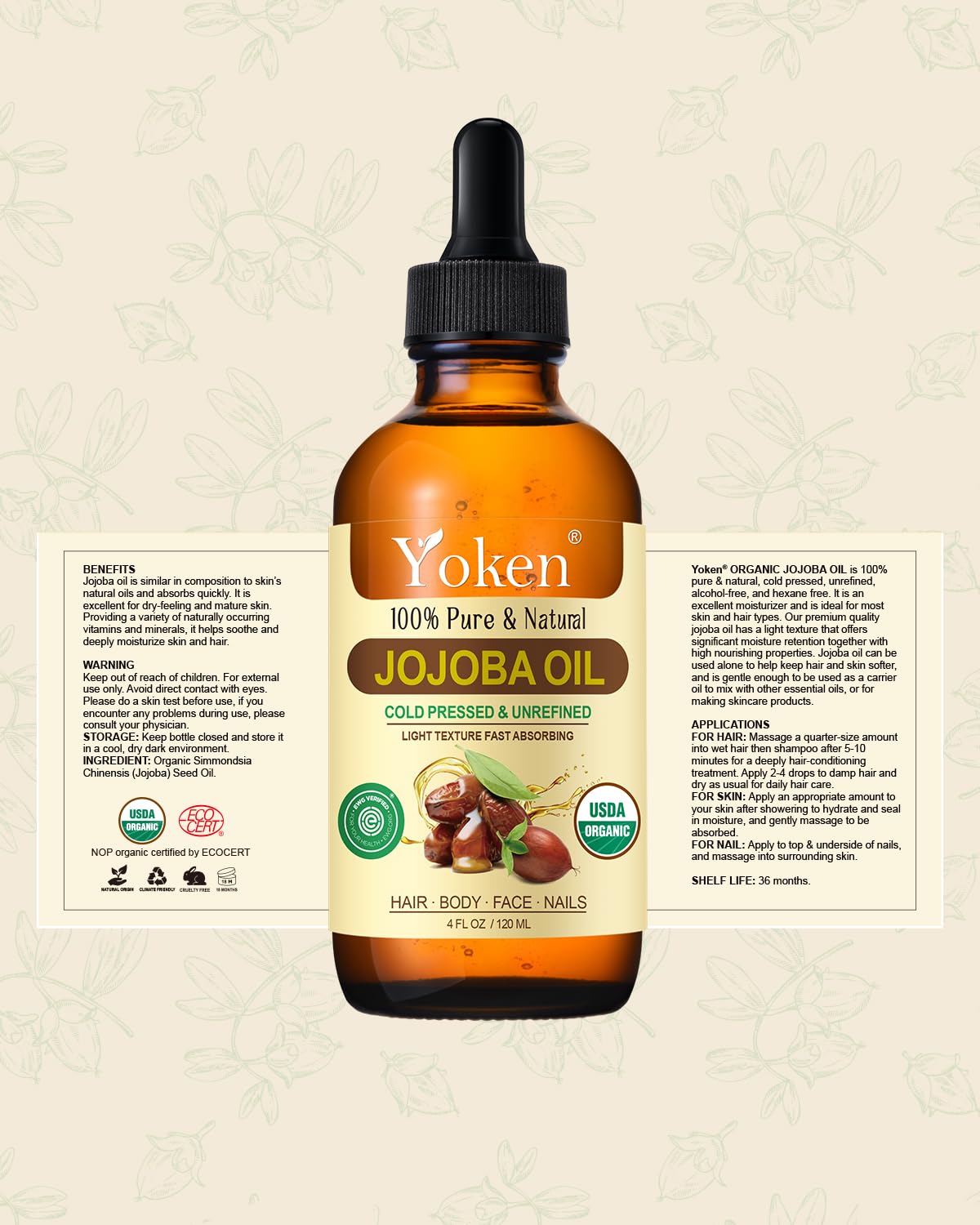 Yoken 4oz Jojoba Oil (EWG Verified) 100% Pure Cold Pressed Jojoba Oil for Face, Hair, Nails and Skin, Unrefined & Hexane Free, Natural Body Facial Moisturizer Multi-purpose oil Base Carrier Oil