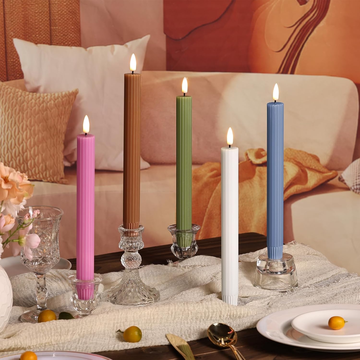 Dusty Blue Ribbed Fluted Flameless Taper Candles with Remote, Flickering Battery LED Wax Candlesticks Wedding Home Decor Set of 4
