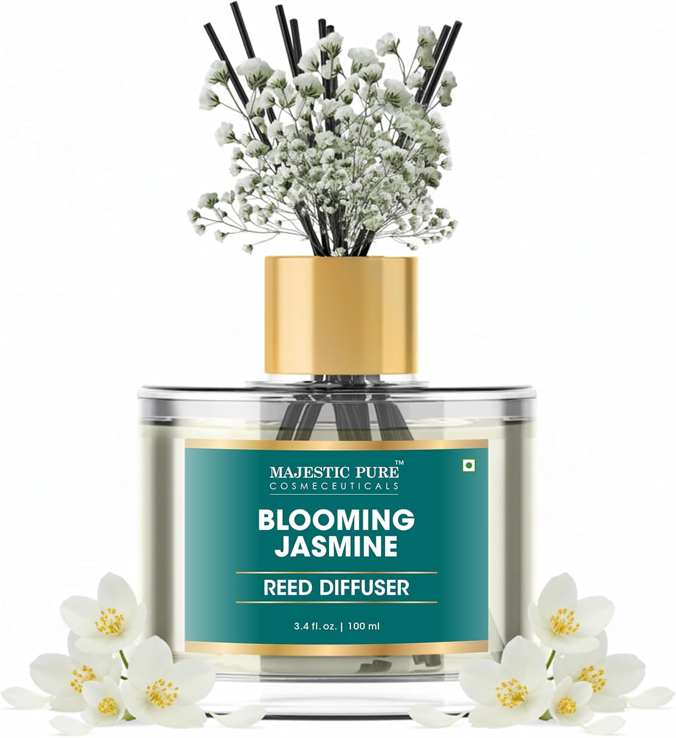 Majestic Pure Blooming Jasmine Reed Diffuser for Home, Bathroom & Office | Natural Aromatherapy Air Freshener & Room Fragrance, with Reed Sticks & Dried Flowers 3.4 fl oz