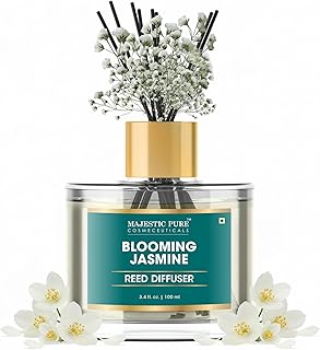 Majestic Pure Blooming Jasmine Reed Diffuser for Home, Bathroom & Office | Natural Aromatherapy Air Freshener & Room Fragrance, with Reed Sticks & Dried Flowers 3.4 fl oz