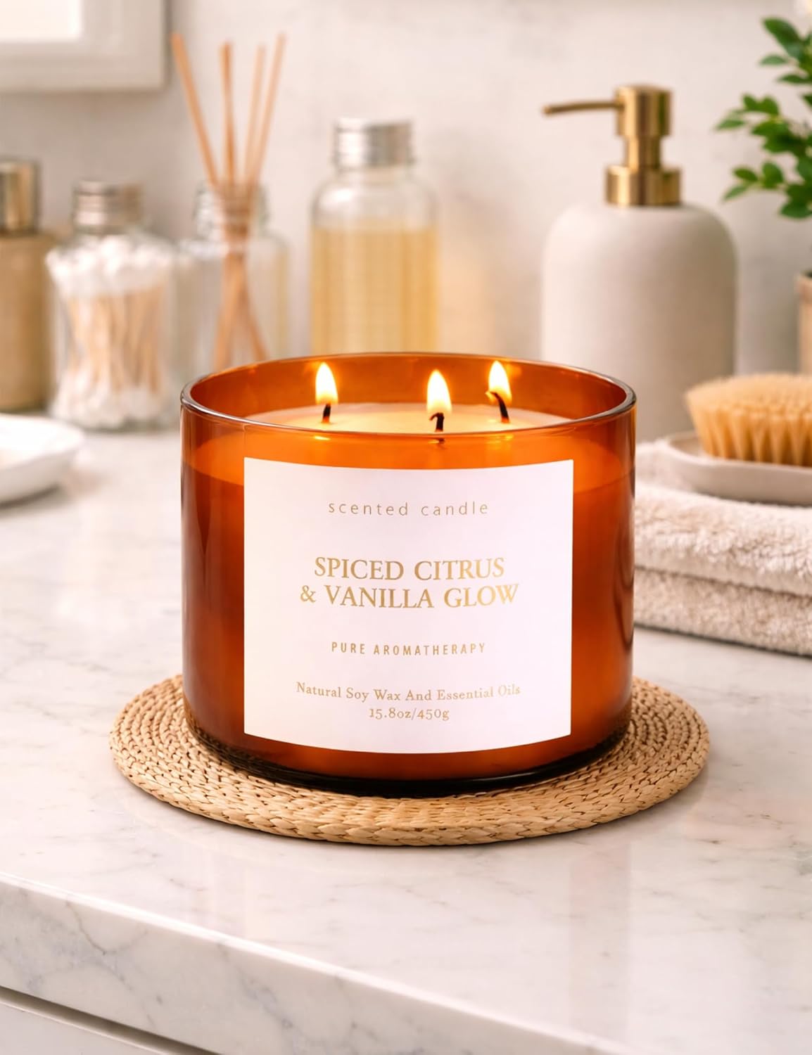 Spiced Citrus & Vanilla Glow Scented Candle | 3-Wick Large Soy Candle 15.8 oz | Highly Scented Cinnamon Aromatherapy Candle for Women & Men | Warm Cozy Home Scent | Clean Burn Long Lasting
