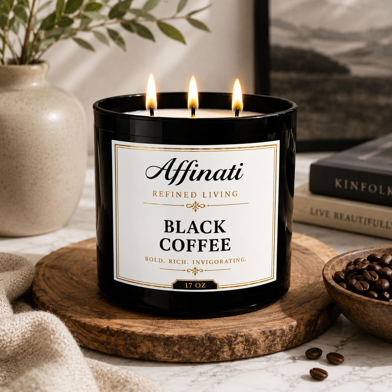 Affinati Black Coffee 3-Wick Scented Candle – Large Soy Blend Candle, Strong Scent Throw Rich Roasted Espresso Cafe Gourmand Candle, Premium Room Odor Eliminator Gift