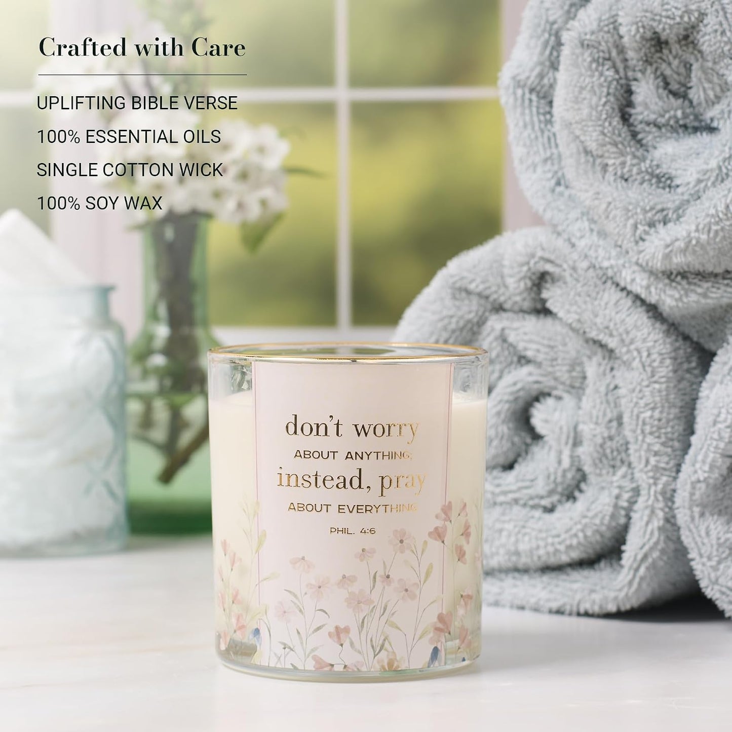 Christian Art Gifts Vanilla & Oakmoss Scented Candle: Don't Worry, Pray Bible Verse, Soy Wax, Pure Essential Oils, Floral Design Glass Jar, Encouragement Gift for Women, 40 Hours Burn Time