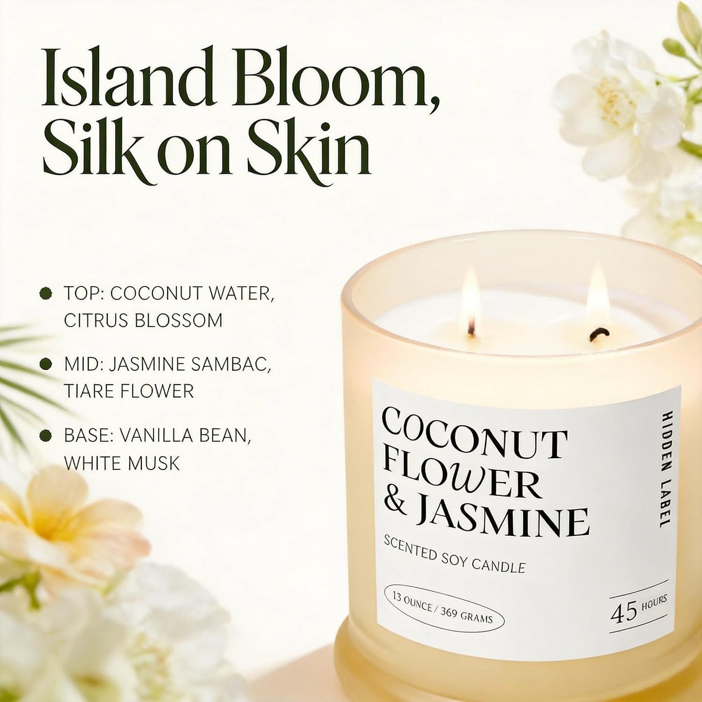 Coconut Flower & Jasmine Scented Candle, 13oz Natural Soy Wax Candle with 2 Wicks, 75 Hour Long Lasting Aromatherapy Candle for Stress Relief, Non Toxic Luxury Candle for Home Decor