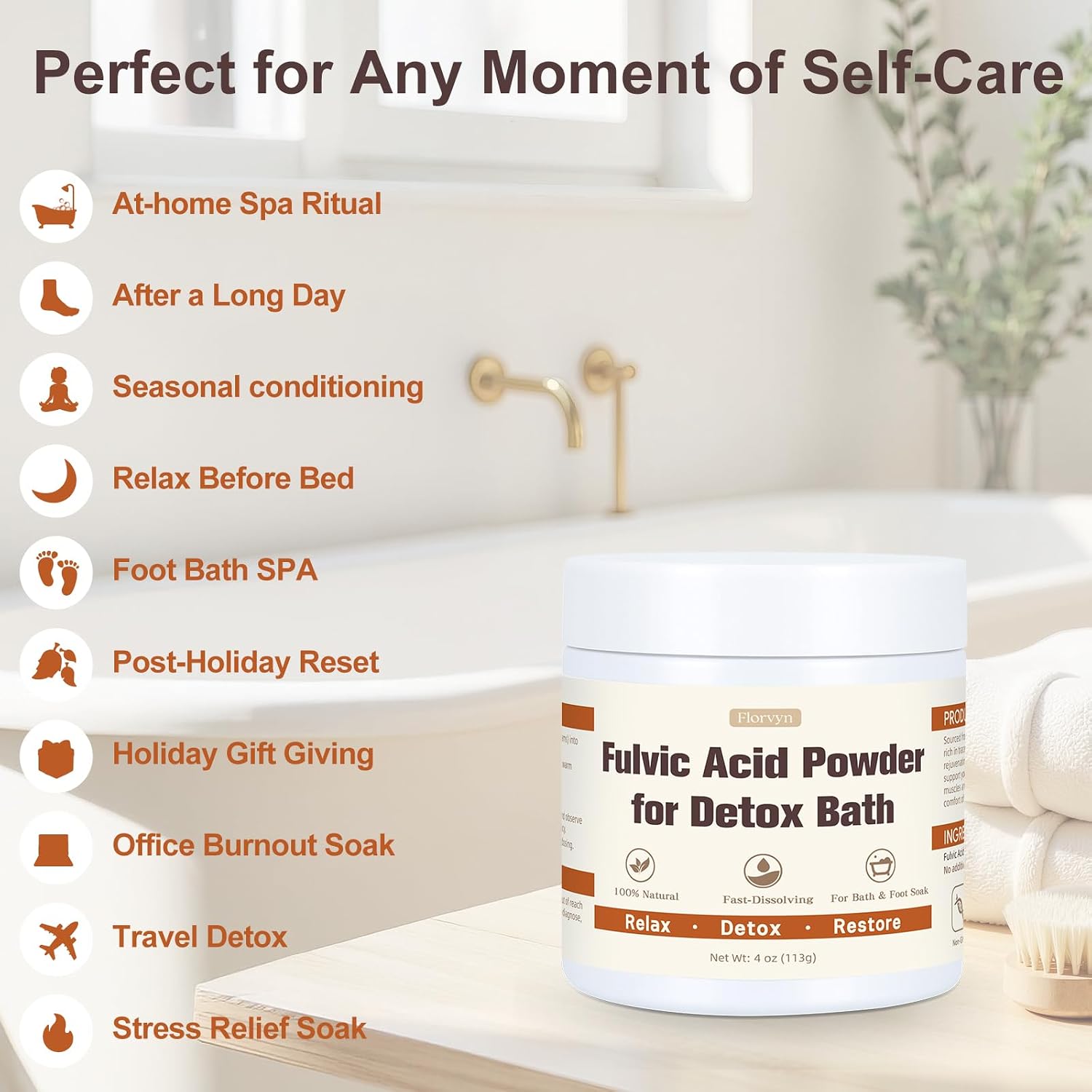Fulvic Acid Detox Bath Powder 4oz – Natural Mineral Bath Soak for Foot & Body, Vegan Self-Care Spa Gift, No Additives, Gentle on Skin, Fast Dissolving, Includes 5g Scoop, Easy to Use