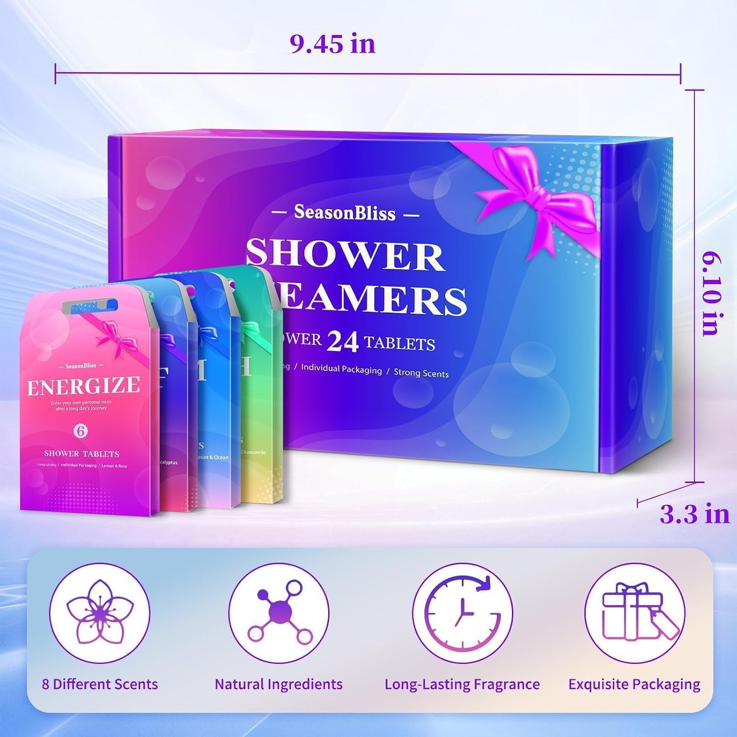 SeasonBliss Shower Steamers 24 Pack, Shower Tablets, Natural Ingredients, 8 Different Scents, Individually Wrapped Shower Steamer, Shower Steamers for Women