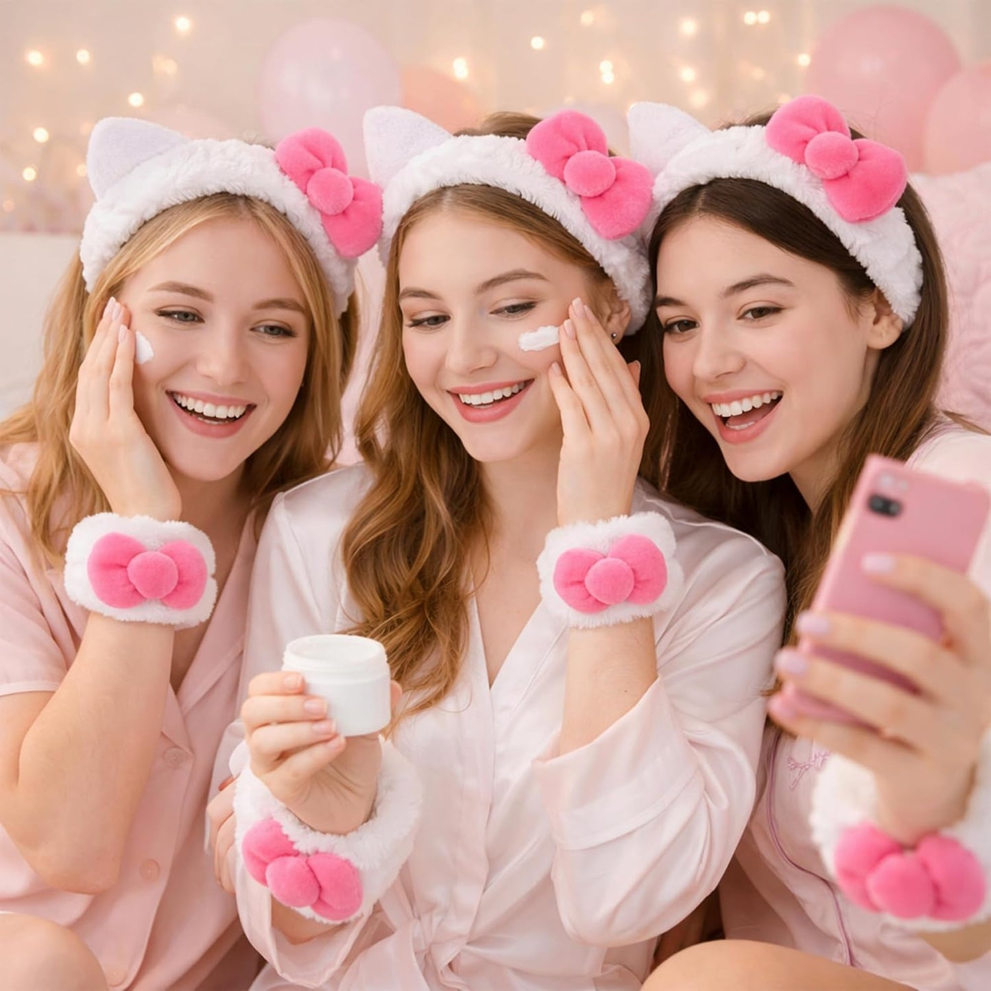 Cat Bow Makeup Headband for Skincare, 3 Pack Cute Spa Makeup Headband Set for Women, Cat Ear Bow Washing Face Headbands with Wristbands