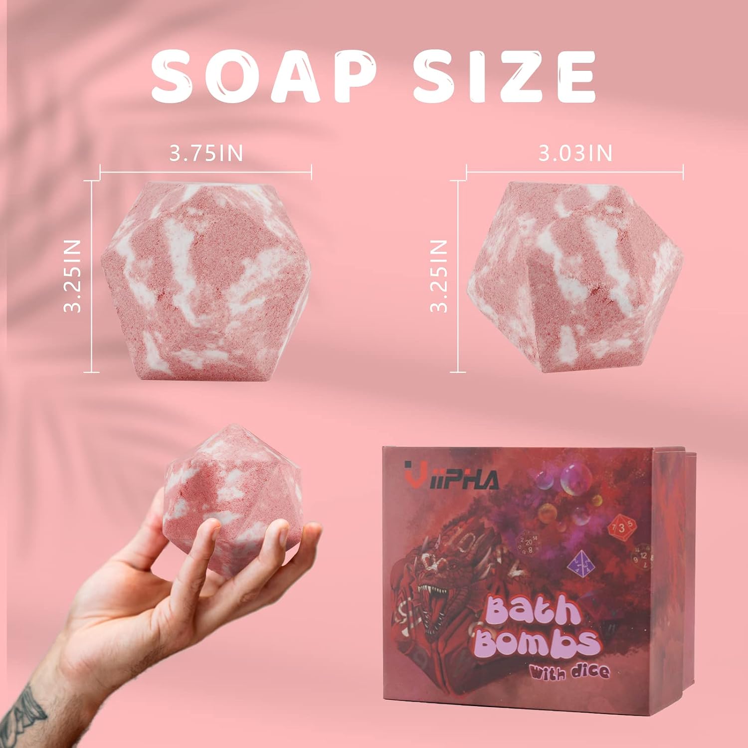 D20 Bath Bomb with Hidden Polyhedral Dice Set, Dragon Blood Scent | 11 oz D20 Shape, Hidden 7-Piece Dice Set, Peach & Rose Scent, Skin-Nourishing Formula, Gift for RPG Gamers & Fans
