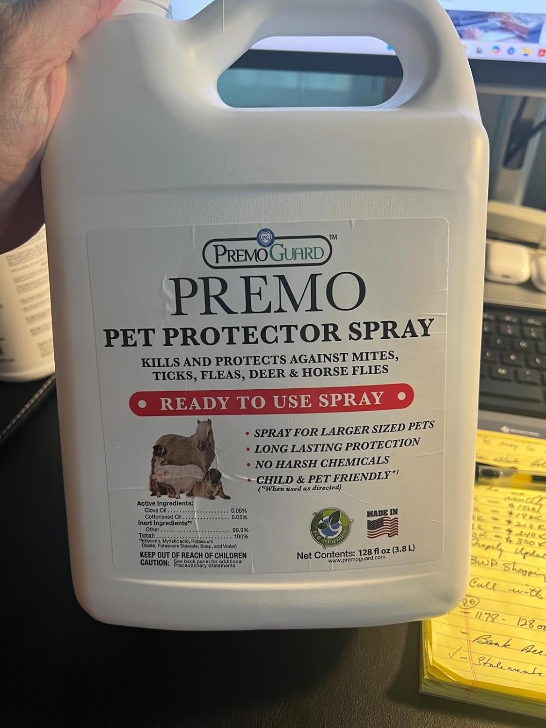 Premo Guard Pet Protector Spray - 128 oz - Kills Mites, Fleas, Ticks, & Mosquitoes - for Dogs, Cats, & Home - Natural Plant Based Oils for Control, Prevention & Treatment - Family Safe