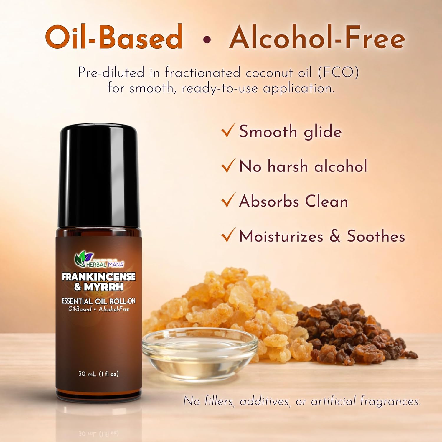 Frankincense & Myrrh Essential Oil Roll-On, 30 mL (1 fl oz) – Pre-Diluted Aromatherapy Rollerball in Fractionated Coconut Oil (FCO) – Alcohol-Free Pulse Point Oil Roller