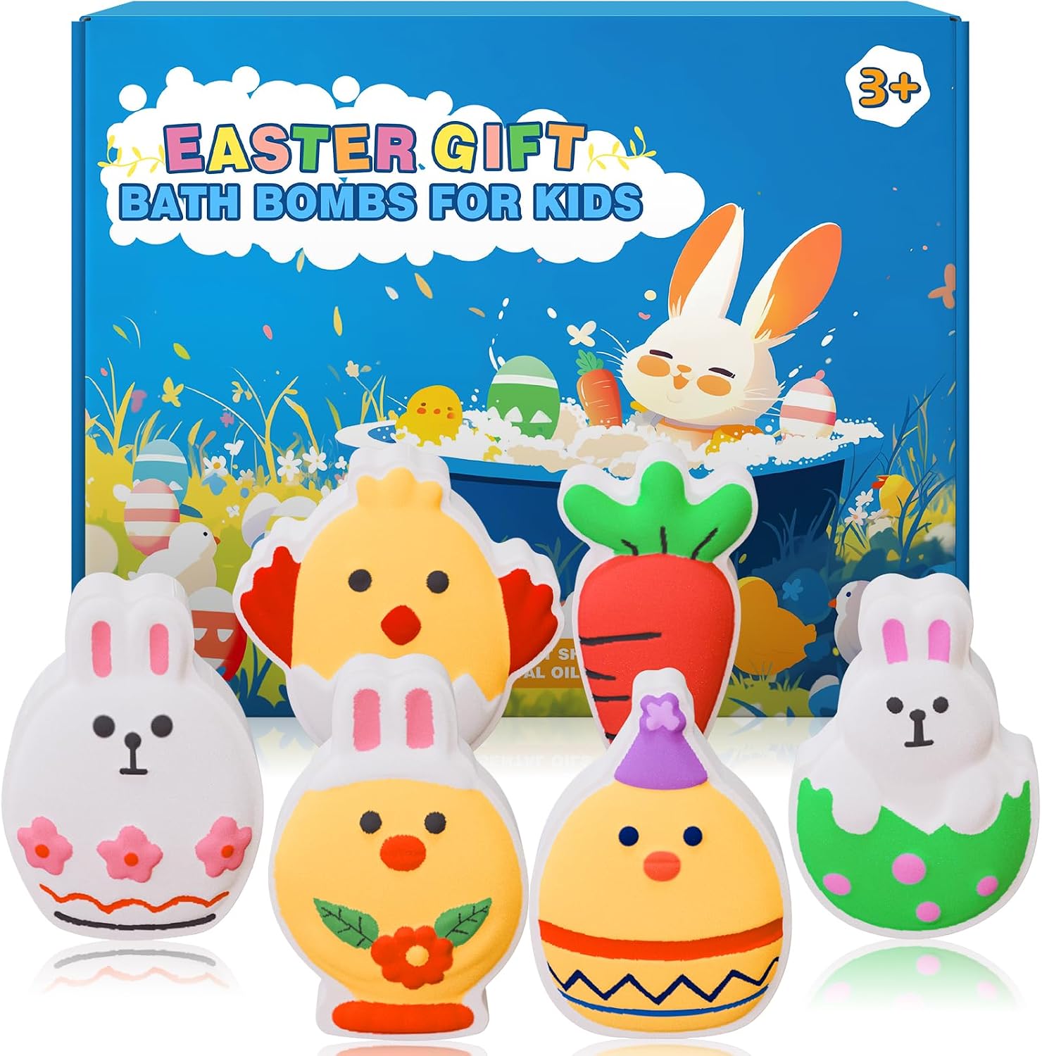 Easter Bath Bombs for Kids, Teen Easter Basket Stuffers, 6 Pack Boys & Girls -Easter Bunny, Chicken & Egg Shapes -Handmade Gentle, SafeFizz Balls-Great Easter Party Favors